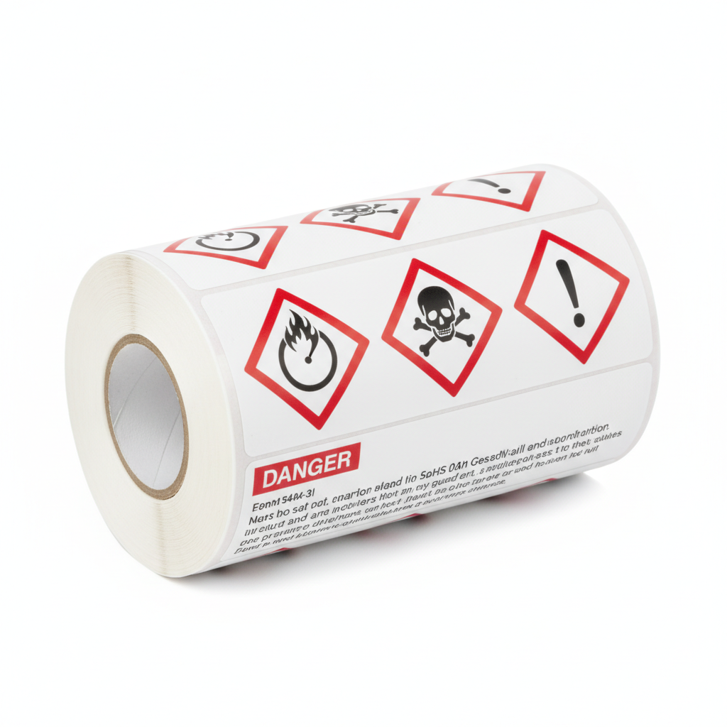 [T03045M-3I] Pre-printed GHS hazard labels with 3 red diamonds (75 mm x 114 mm, 311 labels per roll)