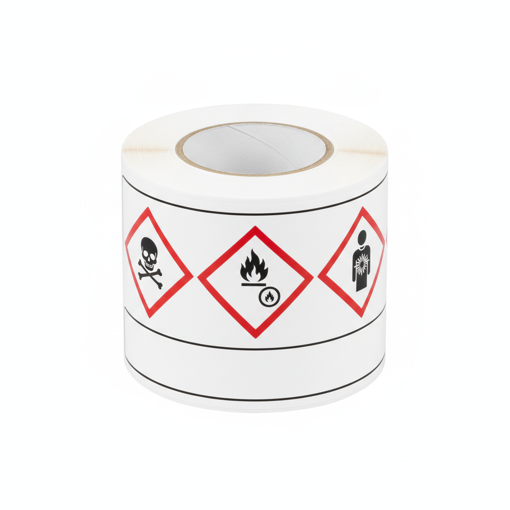 Pre-printed GHS hazard labels with 3 red diamonds (100 mm x 150 mm, 235 labels per roll)