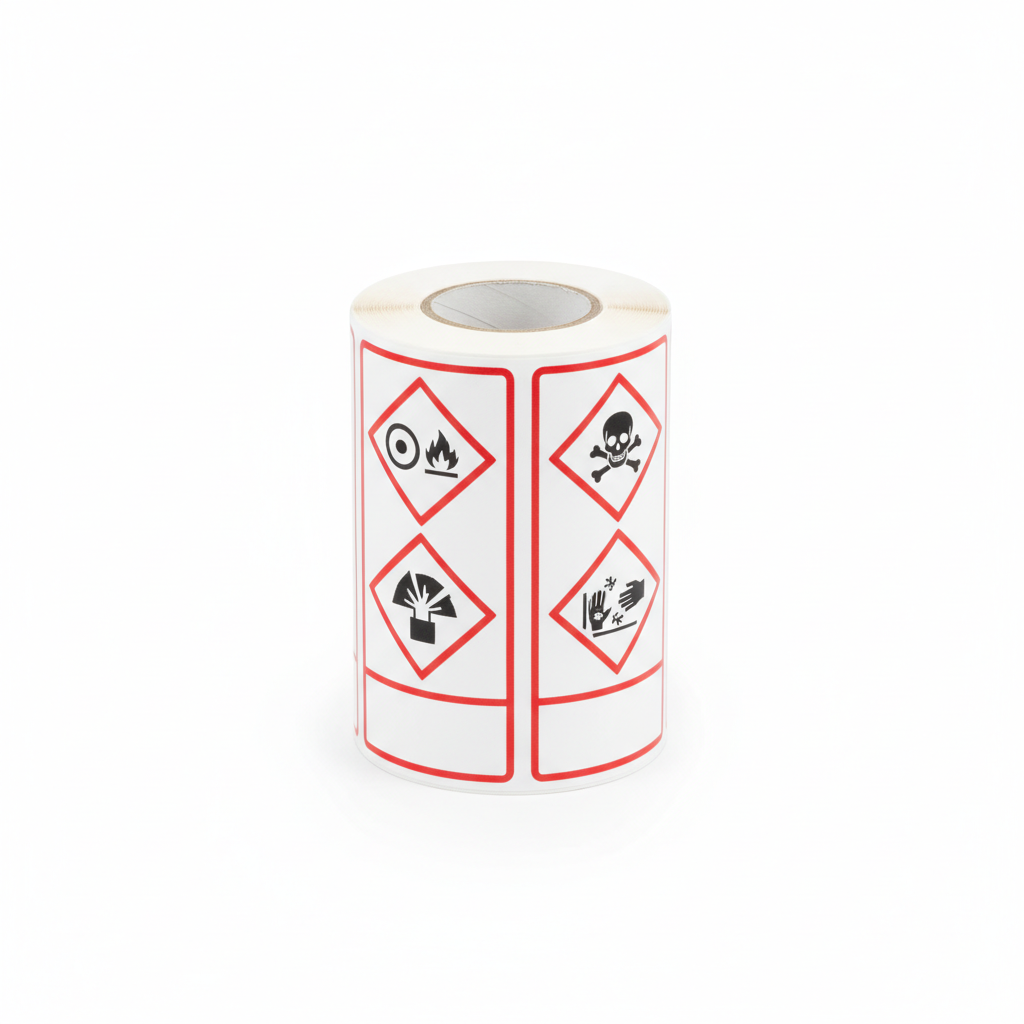 Pre-printed GHS hazard labels with 4 red diamonds (100 mm x 150 mm, 235 labels per roll)